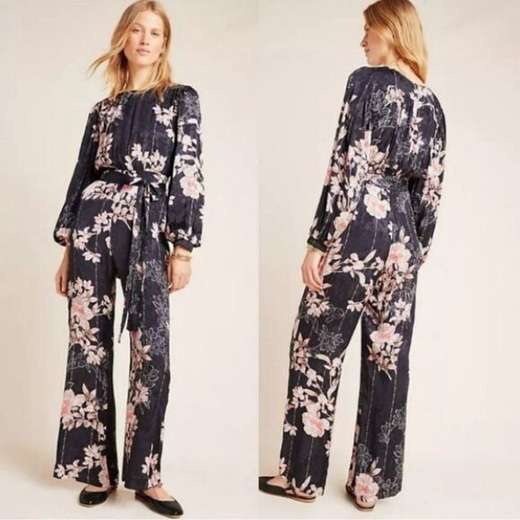 Anthropologie harlyn black floral long sleeve jumpsuit women’s‎ size S
